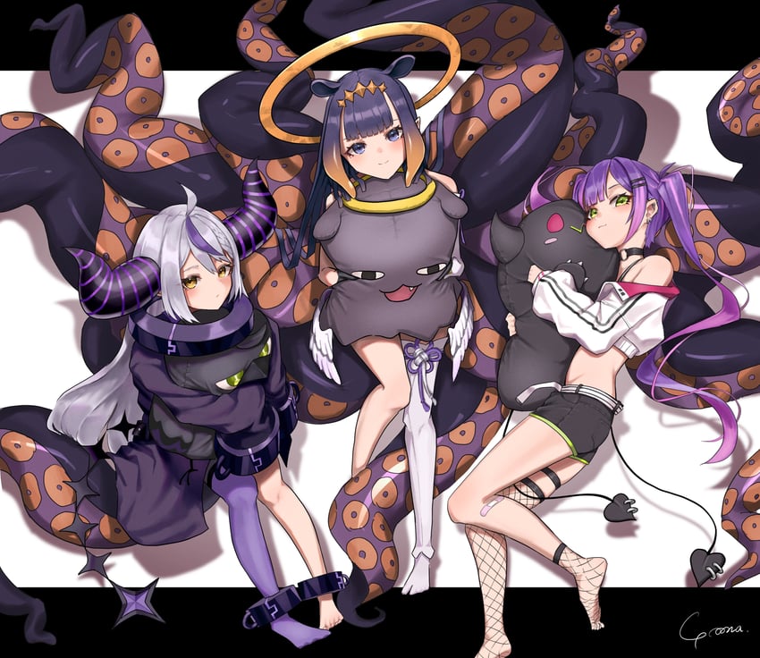 ninomae ina'nis, tokoyami towa, la+ darknesss, takodachi, bibi, and 1 more (hololive and 1 more) drawn by yo_na