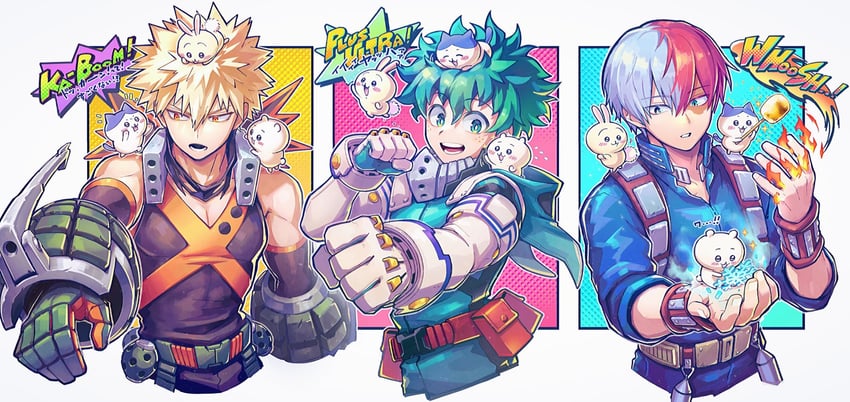 midoriya izuku, bakugou katsuki, todoroki shoto, chiikawa, hachiware, and 1 more (boku no hero academia and 1 more) drawn by mecyo_(mamezurushiki)