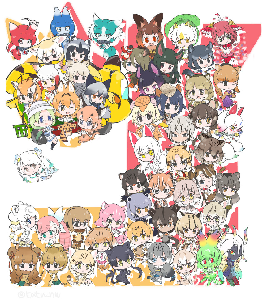 serval, common raccoon, fennec, silver fox, japanese crested ibis, and 48 more (kemono friends) drawn by tatsuno_newo