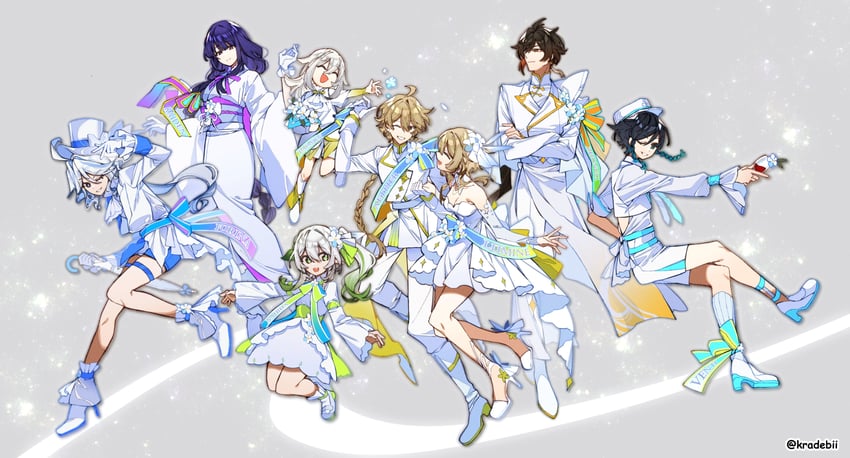 lumine, raiden shogun, aether, furina, nahida, and 3 more (genshin impact) drawn by kradebii