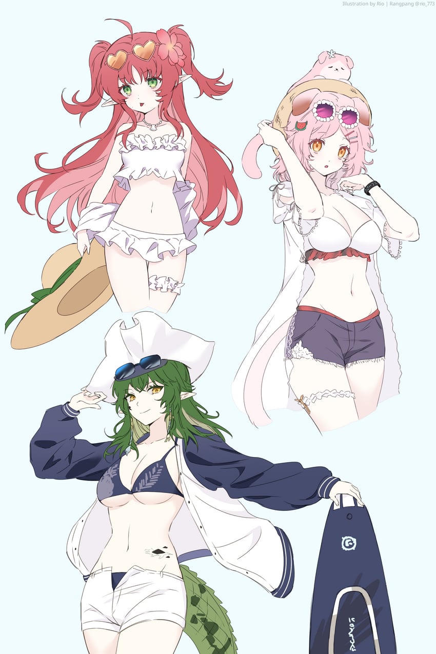 goldenglow, myrtle, gavial, and gavial the invincible (arknights) drawn by rio_(rio773)