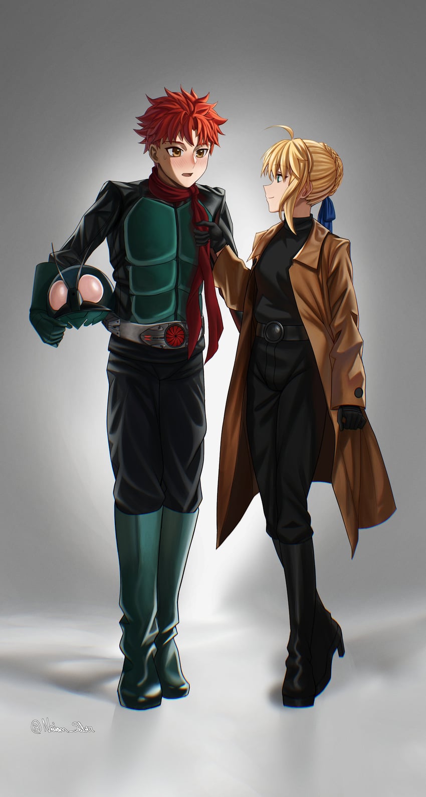 artoria pendragon, saber, emiya shirou, kamen rider 1, and midorikawa ruriko (fate and 3 more) drawn by noian_saber