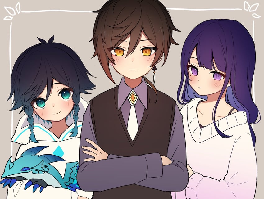 raiden shogun, zhongli, venti, and dvalin (genshin impact) drawn by chiroron