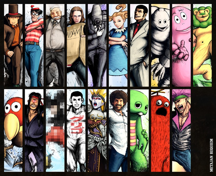 mickey mouse, cardboard box gundam, hershel layton, michelin man, gachapin, and 12 more (gundam and 14 more) drawn by k-suwabe