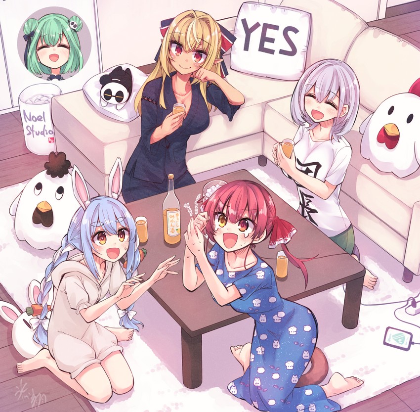 houshou marine, usada pekora, shirogane noel, uruha rushia, shiranui flare, and 2 more (hololive and 1 more) drawn by hikawa_shou