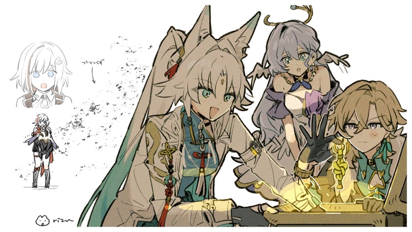 robin, aventurine, topaz, feixiao, trotter, and 1 more (honkai and 1 more) drawn by rizu033