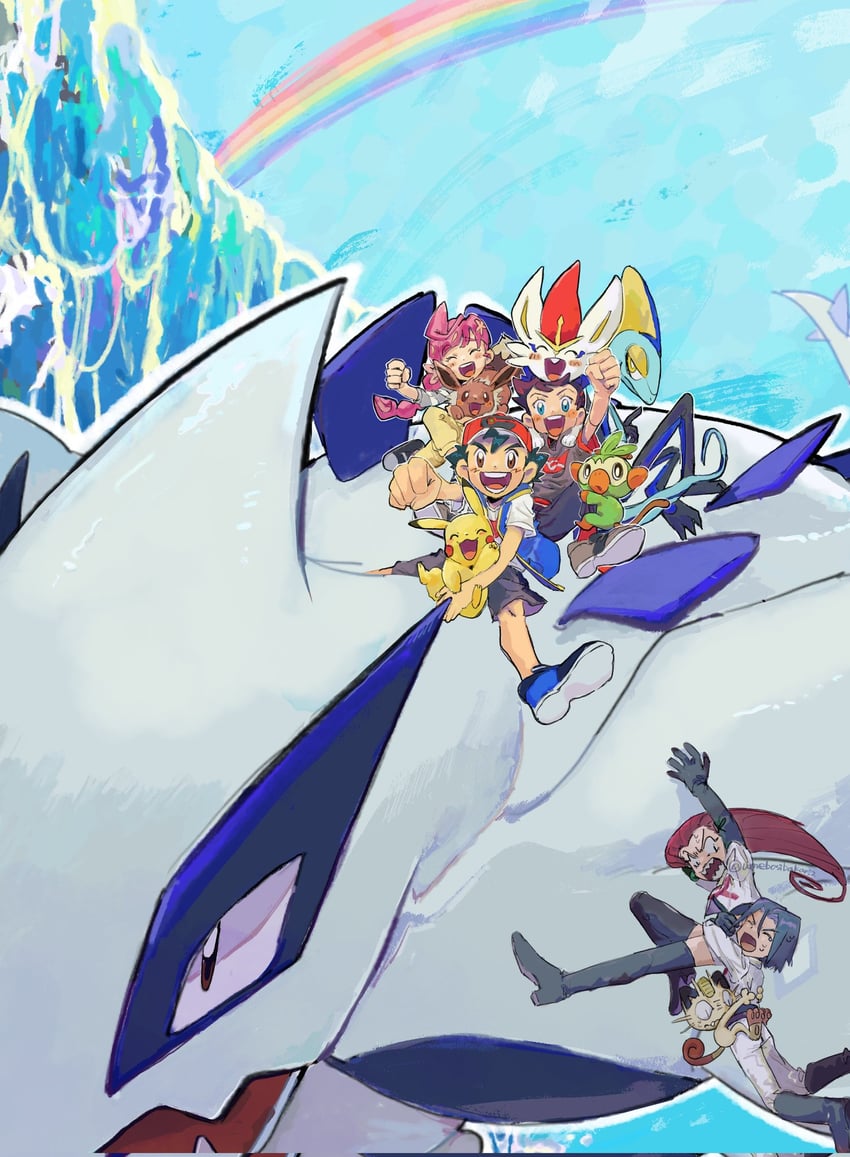 pikachu, ash ketchum, eevee, jessie, james, and 7 more (pokemon and 1 more) drawn by umebosibakari2