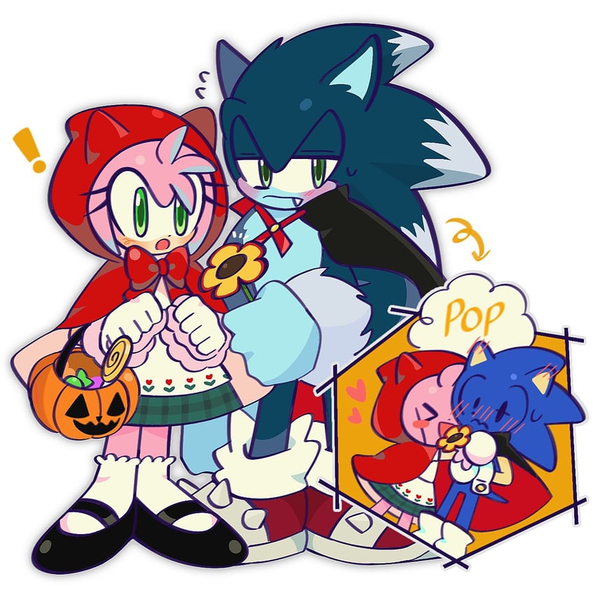 sonic the hedgehog, amy rose, little red riding hood, and sonic the werehog (sonic and 1 more) drawn by kumoggu
