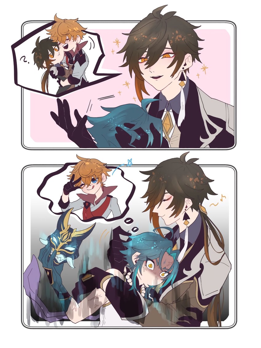zhongli, tartaglia, and xiao (genshin impact) drawn by nekoya7g