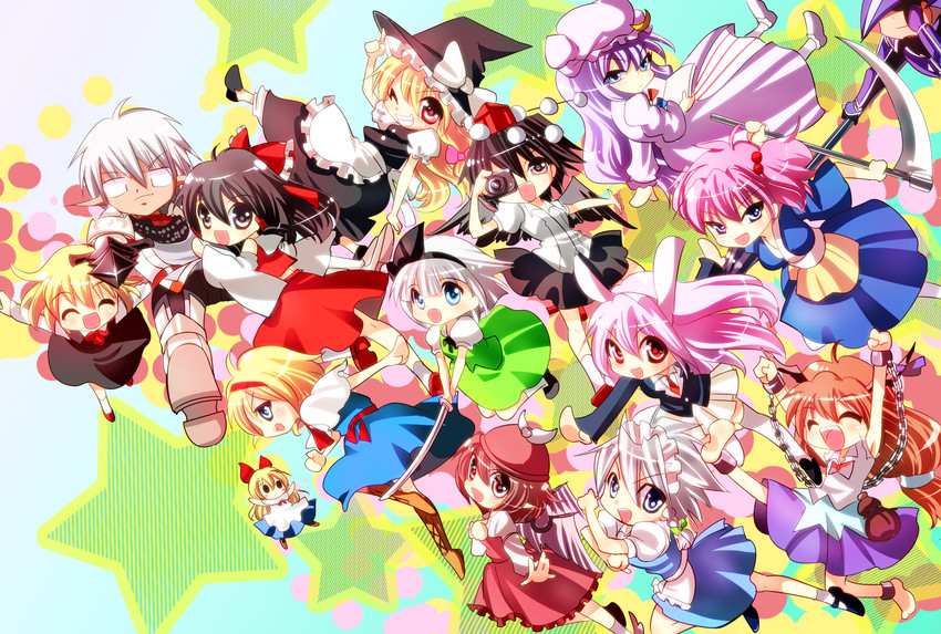 hakurei reimu, kirisame marisa, izayoi sakuya, konpaku youmu, alice margatroid, and 11 more (touhou and 3 more) drawn by nagare