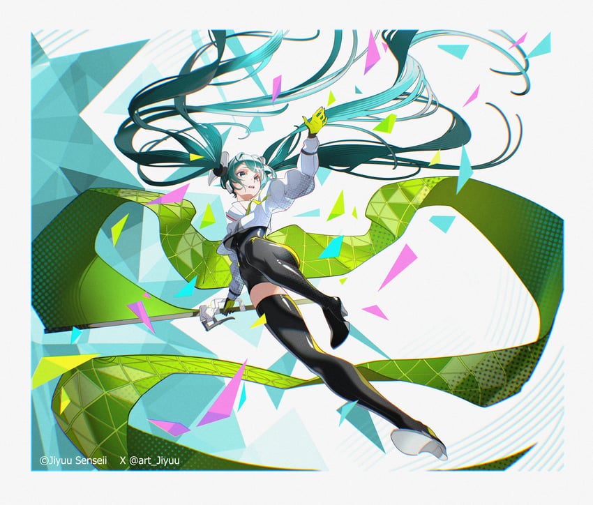 hatsune miku and racing miku (vocaloid and 1 more) drawn by jhaysie