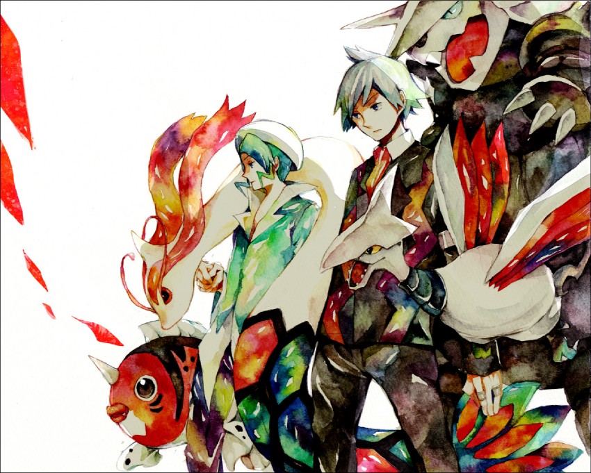 steven stone, milotic, wallace, aggron, skarmory, and 1 more (pokemon and 1 more) drawn by yuuichi_(bobobo)
