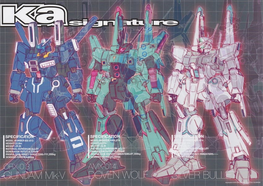 gundam mk v, doven wolf, and silver bullet (gundam and 5 more) drawn by katoki_hajime