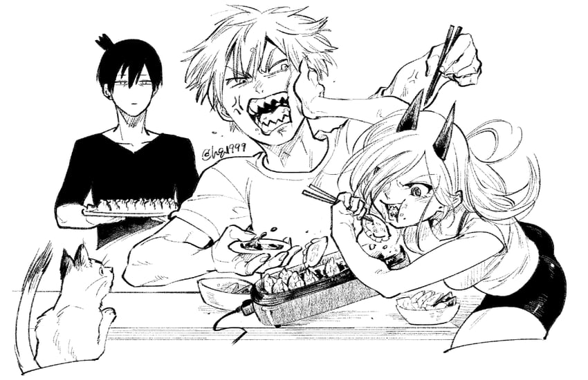 power, denji, hayakawa aki, and meowy (chainsaw man) drawn by tamago_toji