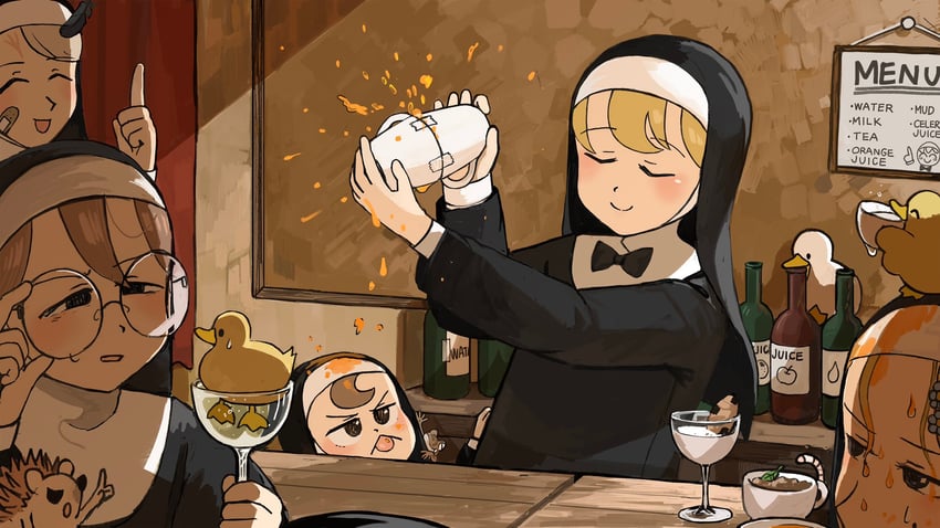 clumsy nun, froggy nun, strict nun, glasses nun, and leaf nun (little nuns) drawn by diva_(hyxpk)