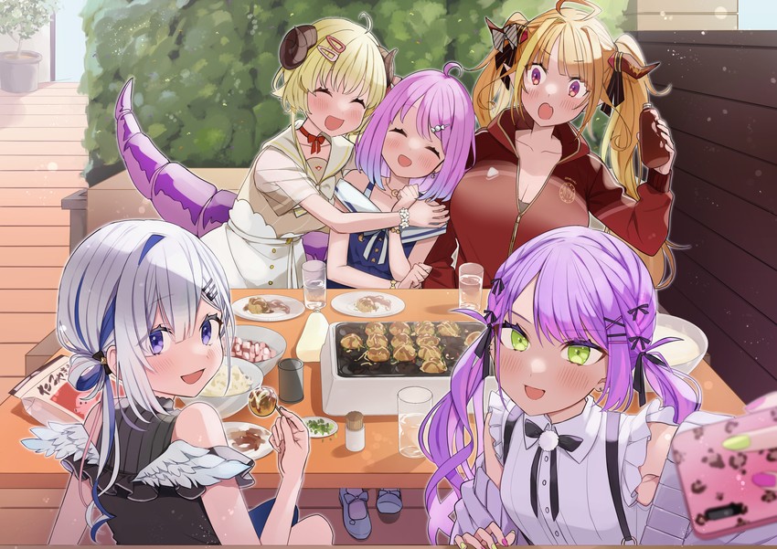 tokoyami towa, amane kanata, kiryu coco, tsunomaki watame, and himemori luna (hololive) drawn by omaru_(0marufestival)