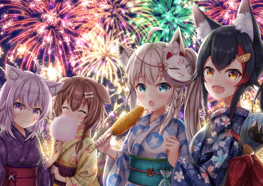 shirakami fubuki, nekomata okayu, ookami mio, inugami korone, and oruyanke (hololive) drawn by namekuji_ojiichan