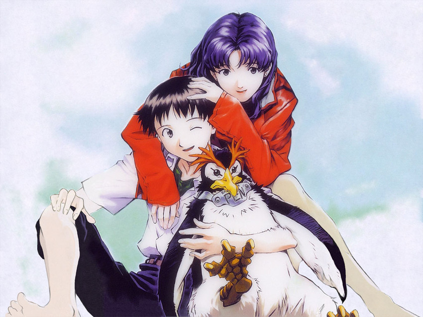 ikari shinji, katsuragi misato, and penpen (neon genesis evangelion) drawn by sadamoto_yoshiyuki