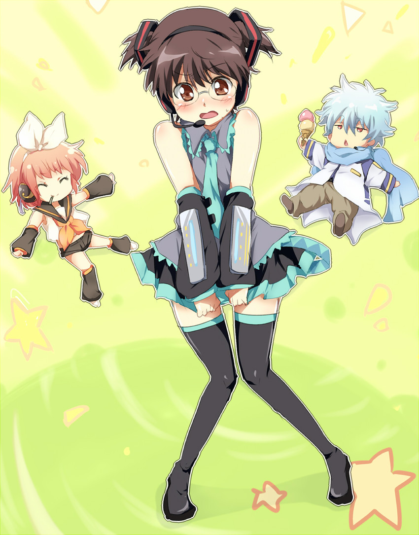 hatsune miku, kagamine rin, kaito, sakata gintoki, kagura, and 1 more (vocaloid and 1 more) drawn by maruki_(punchiki)