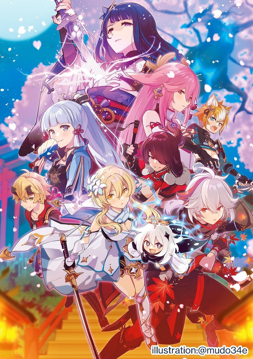 lumine, raiden shogun, yae miko, paimon, kamisato ayaka, and 4 more (genshin impact) drawn by etantei_(mudo34e)