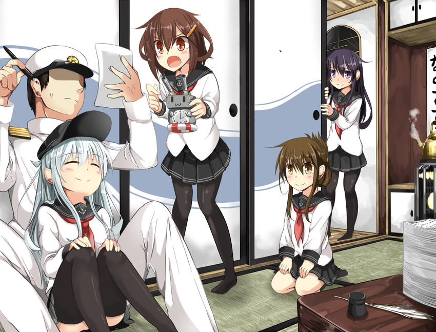 admiral, hibiki, inazuma, ikazuchi, and akatsuki (kantai collection) drawn by hako_roku