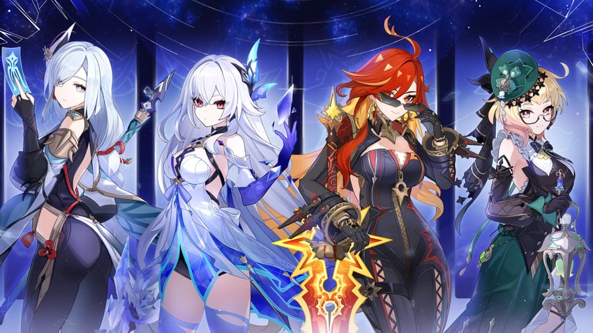 shenhe, mavuika, skirk, and emilie (genshin impact) drawn by merry-san