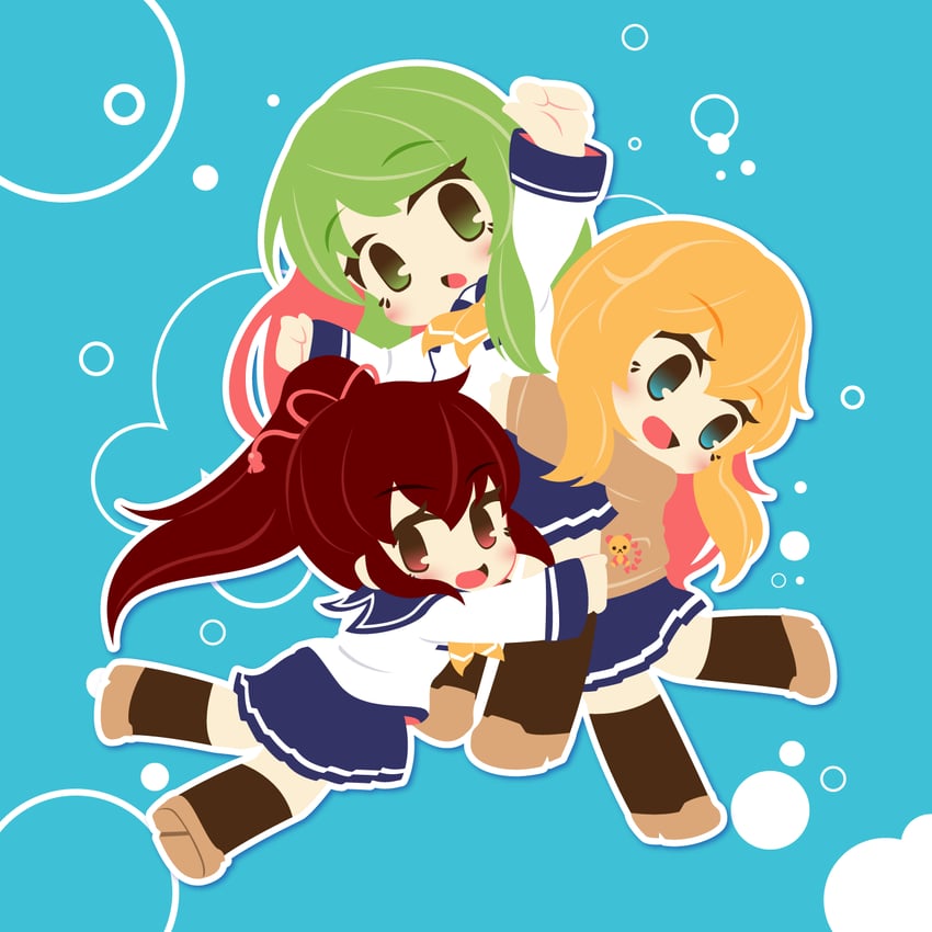 tokiwa kurumi, himukai yuri, and amano nozomi (battle girl high school) drawn by motyomi