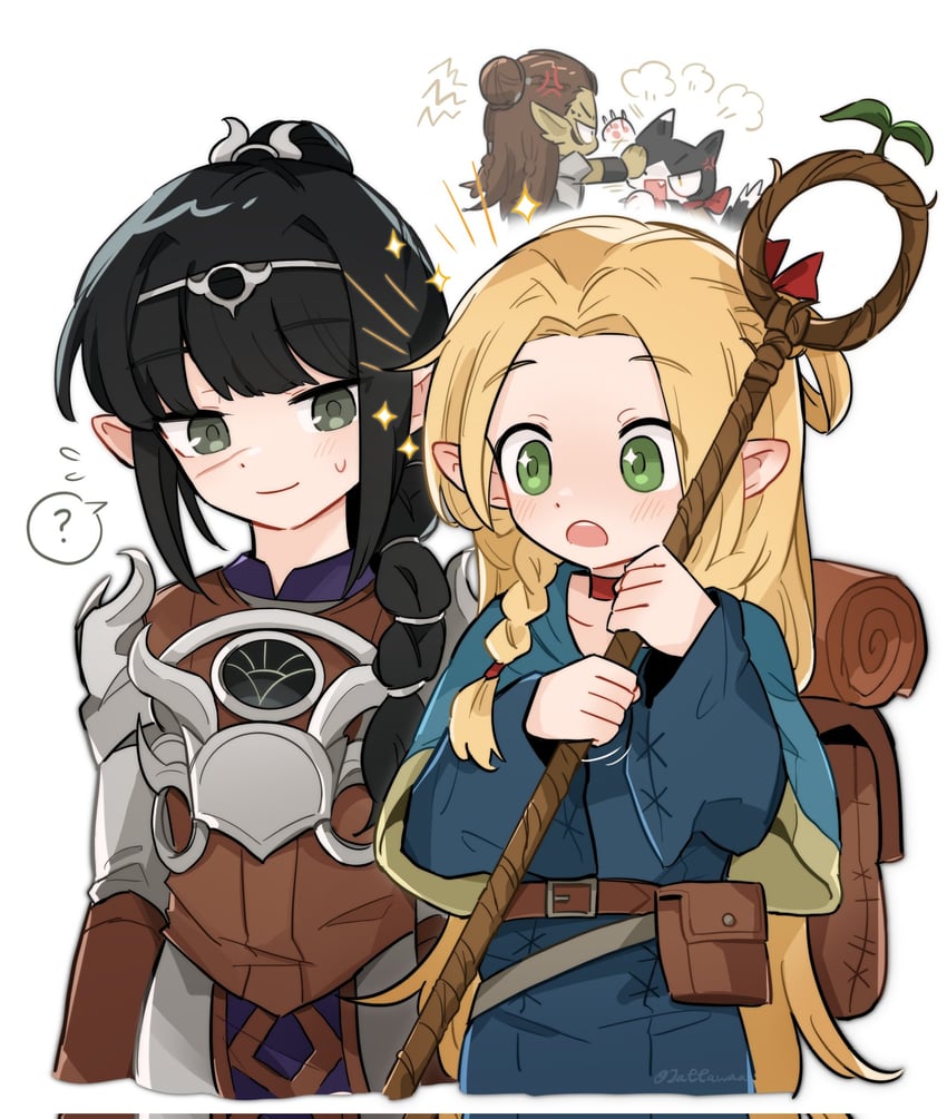 marcille donato, izutsumi, shadowheart, and lae'zel (dungeon meshi and 3 more) drawn by maitete_e