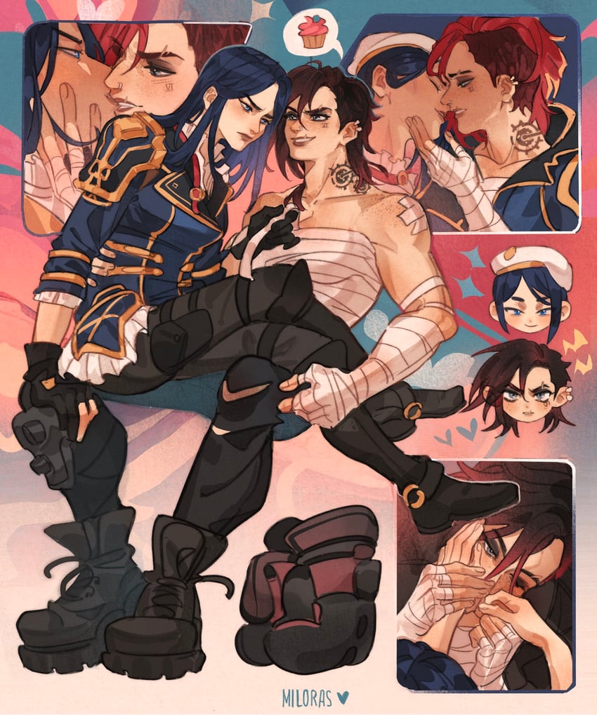 vi, caitlyn, arcane vi, and arcane caitlyn (league of legends and 1 more) drawn by angrymiloras
