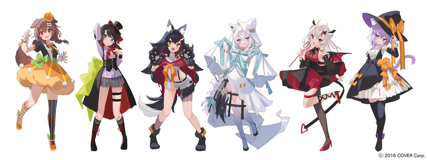 shirakami fubuki, nekomata okayu, ookami mio, oozora subaru, inugami korone, and 1 more (hololive) drawn by shirama_(c2h76_5)