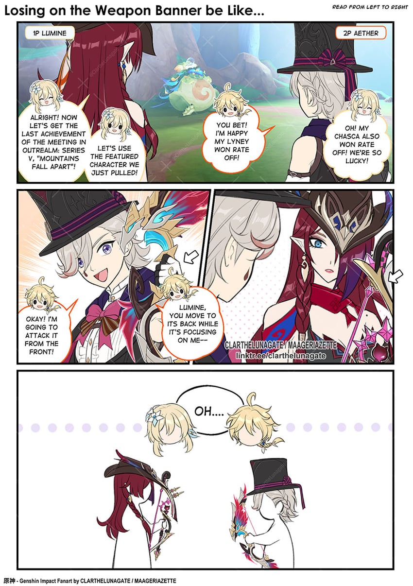 lumine, aether, lyney, chasca, yumkasaurus, and 1 more (genshin impact) drawn by clarthelunagate