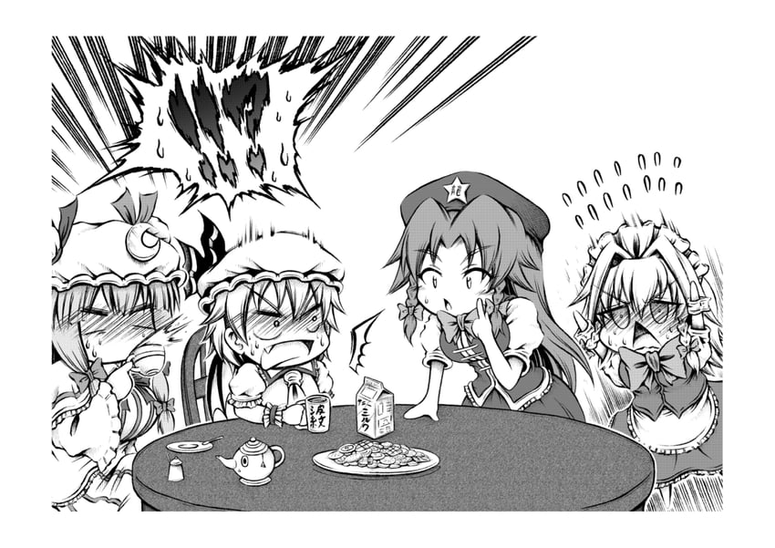 remilia scarlet, izayoi sakuya, patchouli knowledge, and hong meiling (touhou) drawn by hidefu_kitayan