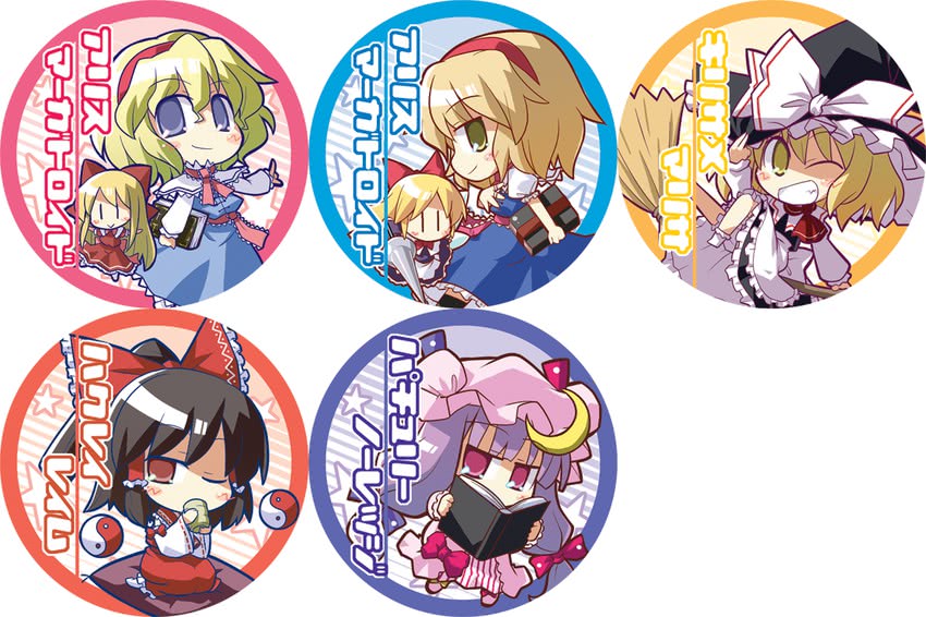 hakurei reimu, kirisame marisa, alice margatroid, patchouli knowledge, and shanghai doll (touhou) drawn by akaneya