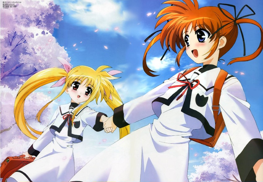 fate testarossa and takamachi nanoha (lyrical nanoha and 3 more) drawn by okuda_yasuhiro