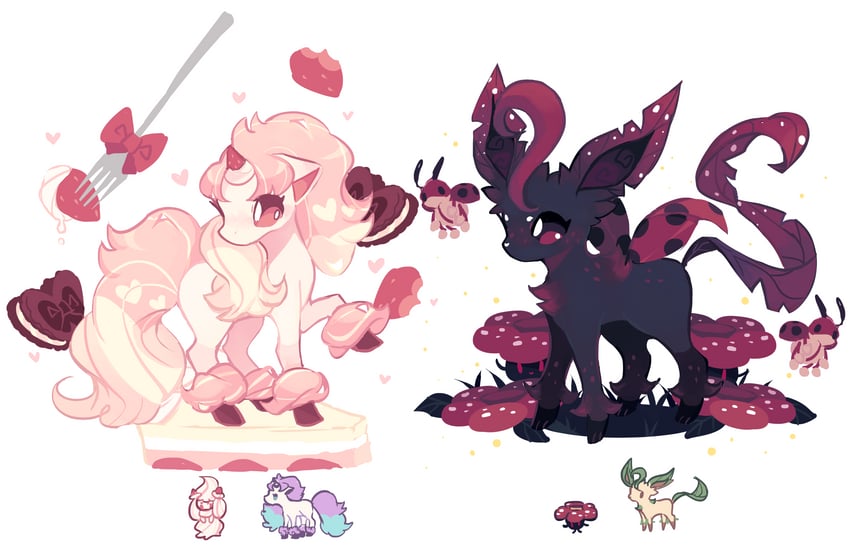 leafeon, alcremie, vileplume, galarian ponyta, and ledyba (original and 1 more) drawn by charamells