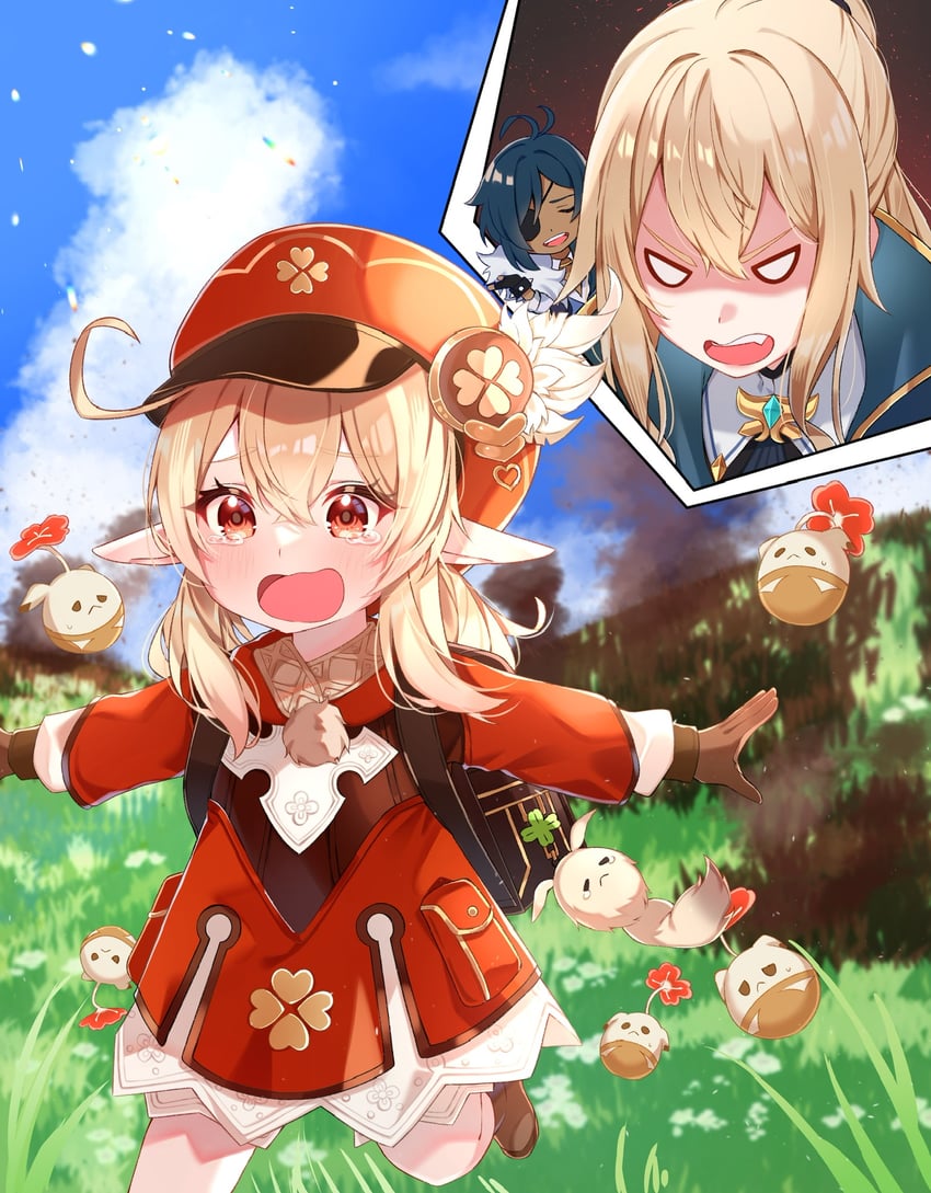 klee, jean, and kaeya (genshin impact) drawn by onigiri_yumi09