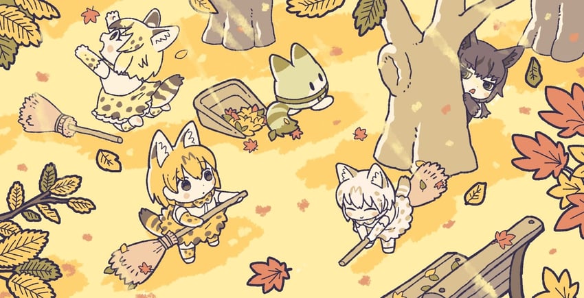 lucky beast, white serval, black serval, and serval (kemono friends and 1 more) drawn by kuro_shiro_(kuro96siro46)