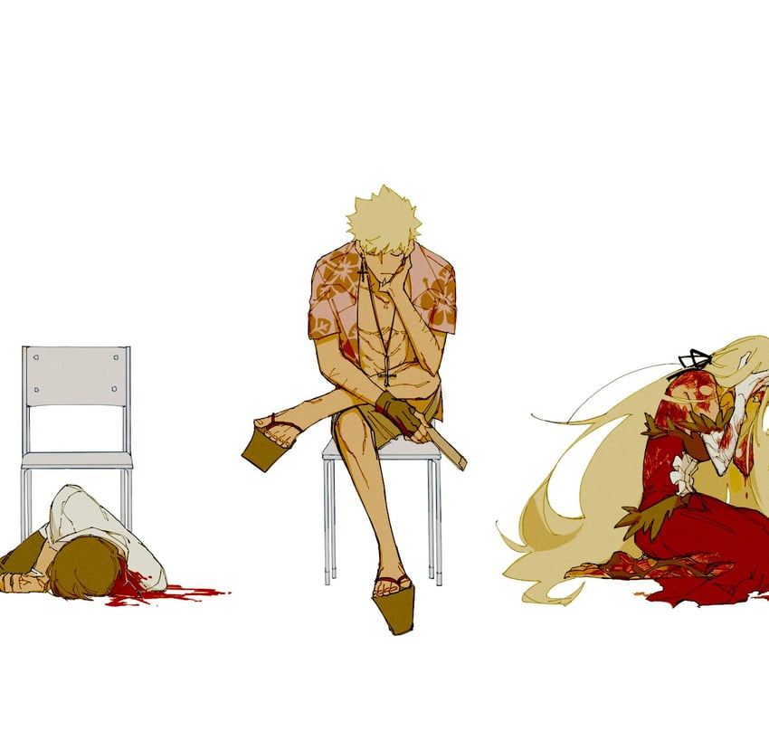 oshino shinobu, araragi koyomi, kiss-shot acerola-orion heart-under-blade, and oshino meme (monogatari and 1 more) drawn by panyasan_777