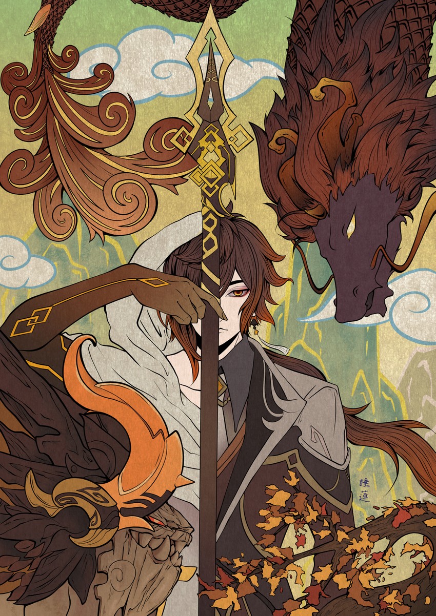 zhongli, rex lapis, and azhdaha (genshin impact) drawn by suiren_(mao)