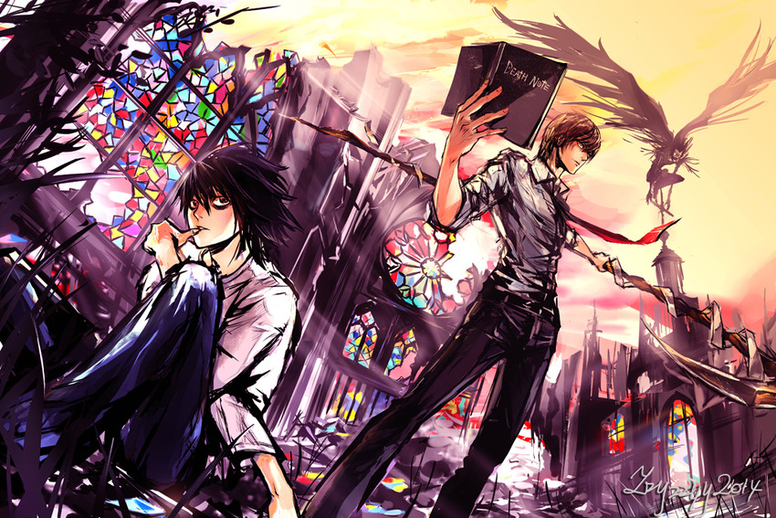 yagami light, l, and ryuk (death note) drawn by zzyzzyy
