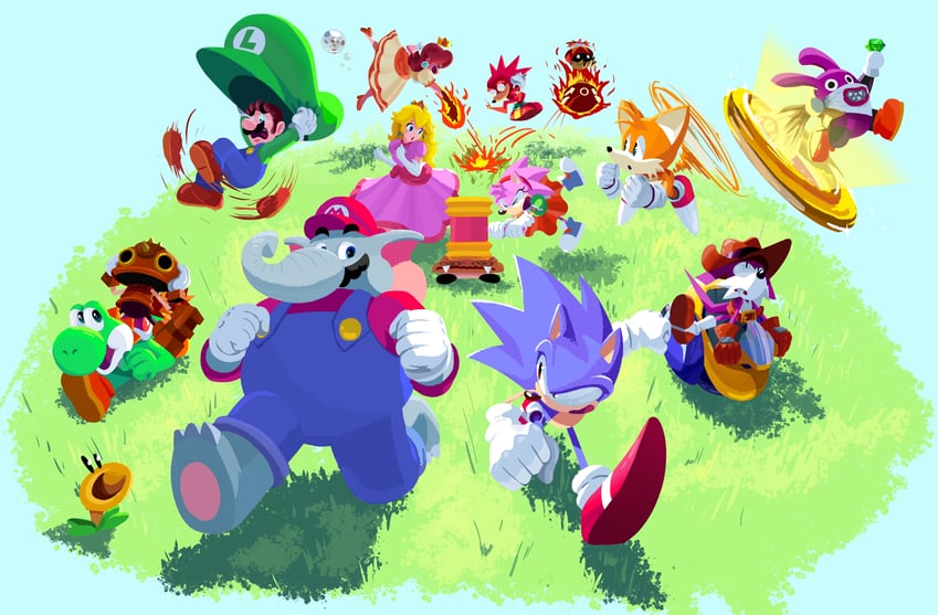 princess peach, mario, sonic the hedgehog, amy rose, luigi, and 17 more (mario and 5 more) drawn by pocho22059768