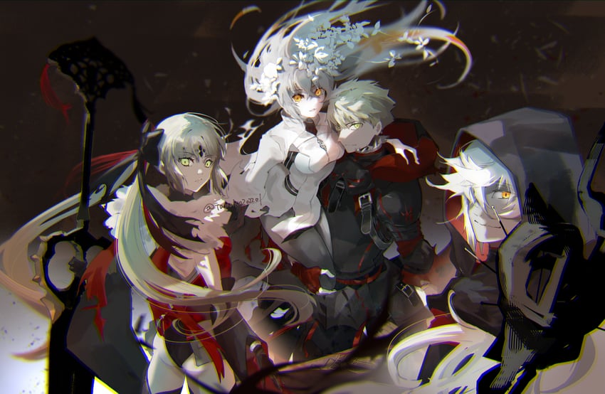 artoria pendragon, fujimaru ritsuka, artoria caster, merlin, arthur pendragon, and 1 more (fate and 1 more) drawn by hanako_(onikutabetaiyo)