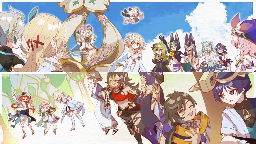 lumine, scaramouche, nahida, wanderer, paimon, and 13 more (genshin impact) drawn by oishii_sasa