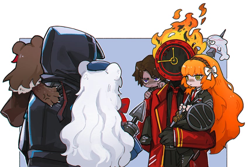 doctor, ishmael, heathcliff, dante, rosa, and 2 more (arknights and 2 more) drawn by flaw_eight