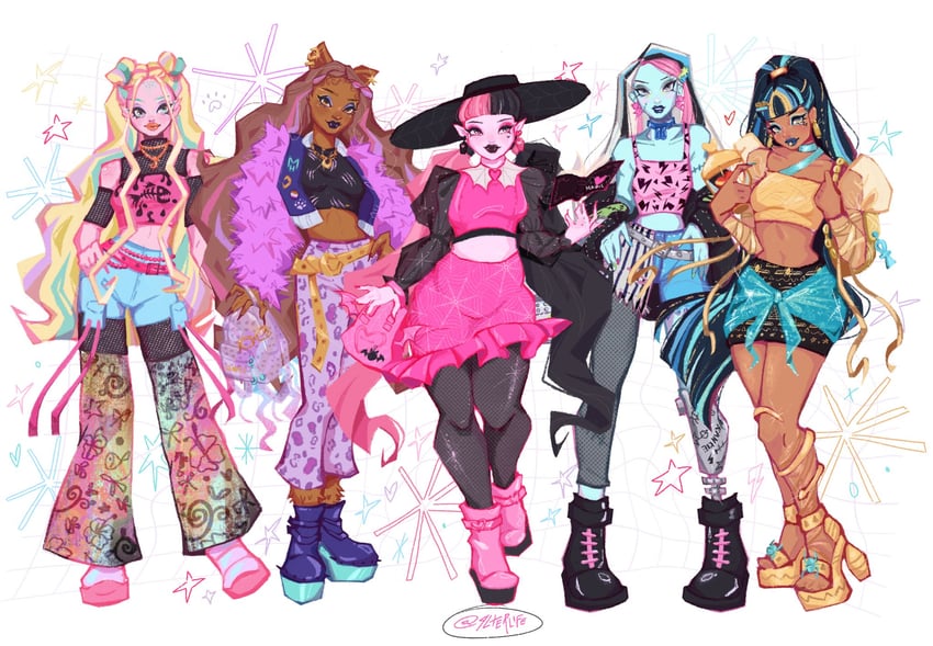 draculaura, frankie stein, clawdeen wolf, lagoona blue, and cleo de nile (monster high) drawn by 4lterlife