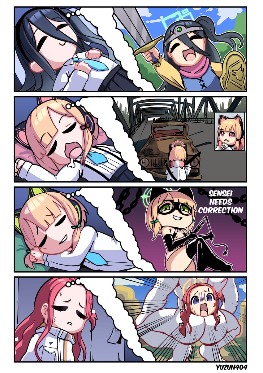 sensei, doodle sensei, aris, momoi, midori, and 2 more (blue archive and 2 more) drawn by yuzun404