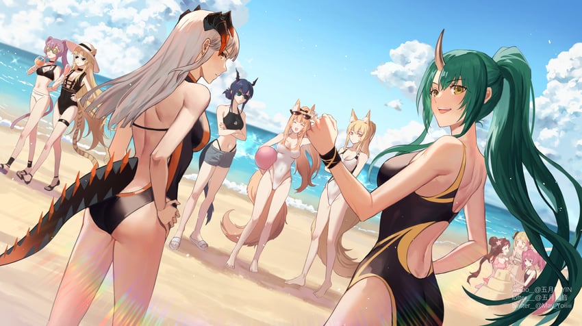 ch'en, saria, hoshiguma, eyjafjalla, nearl, and 6 more (arknights) drawn by gogatsu_fukuin