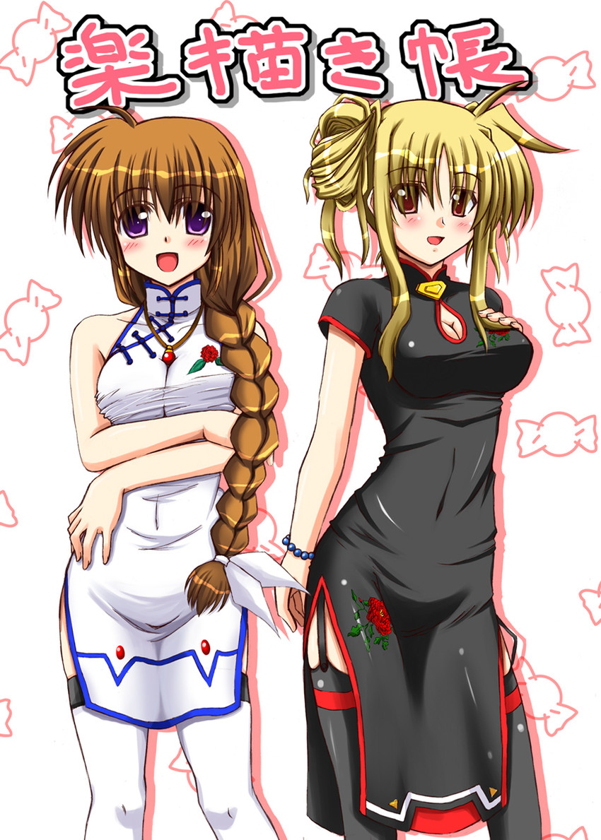 fate testarossa, takamachi nanoha, raising heart, and bardiche (lyrical nanoha and 2 more) drawn by lask