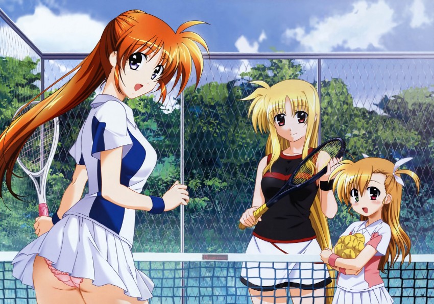 fate testarossa, takamachi nanoha, and vivio (lyrical nanoha and 1 more) drawn by okuda_yasuhiro