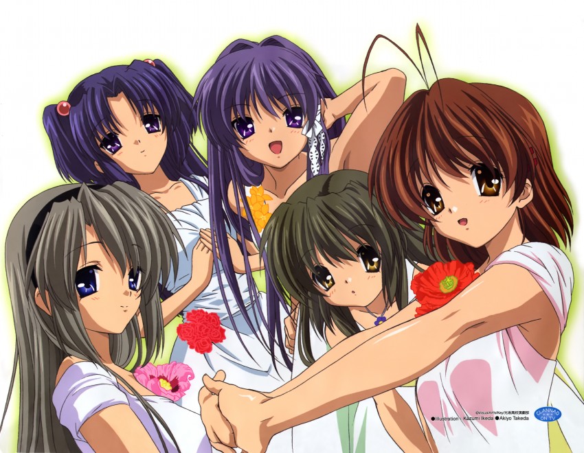 furukawa nagisa, fujibayashi kyou, ibuki fuuko, sakagami tomoyo, and ichinose kotomi (clannad) drawn by ikeda_kazumi